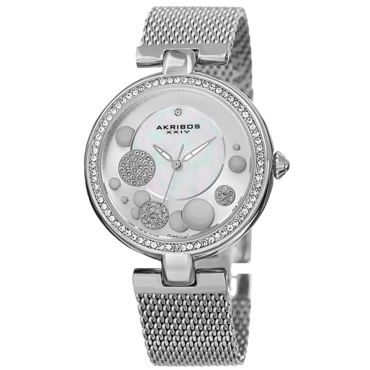 Women`s Akribos Xxiv AK881SS Silver-tone Crystal and Diamond Accented Mesh Watch