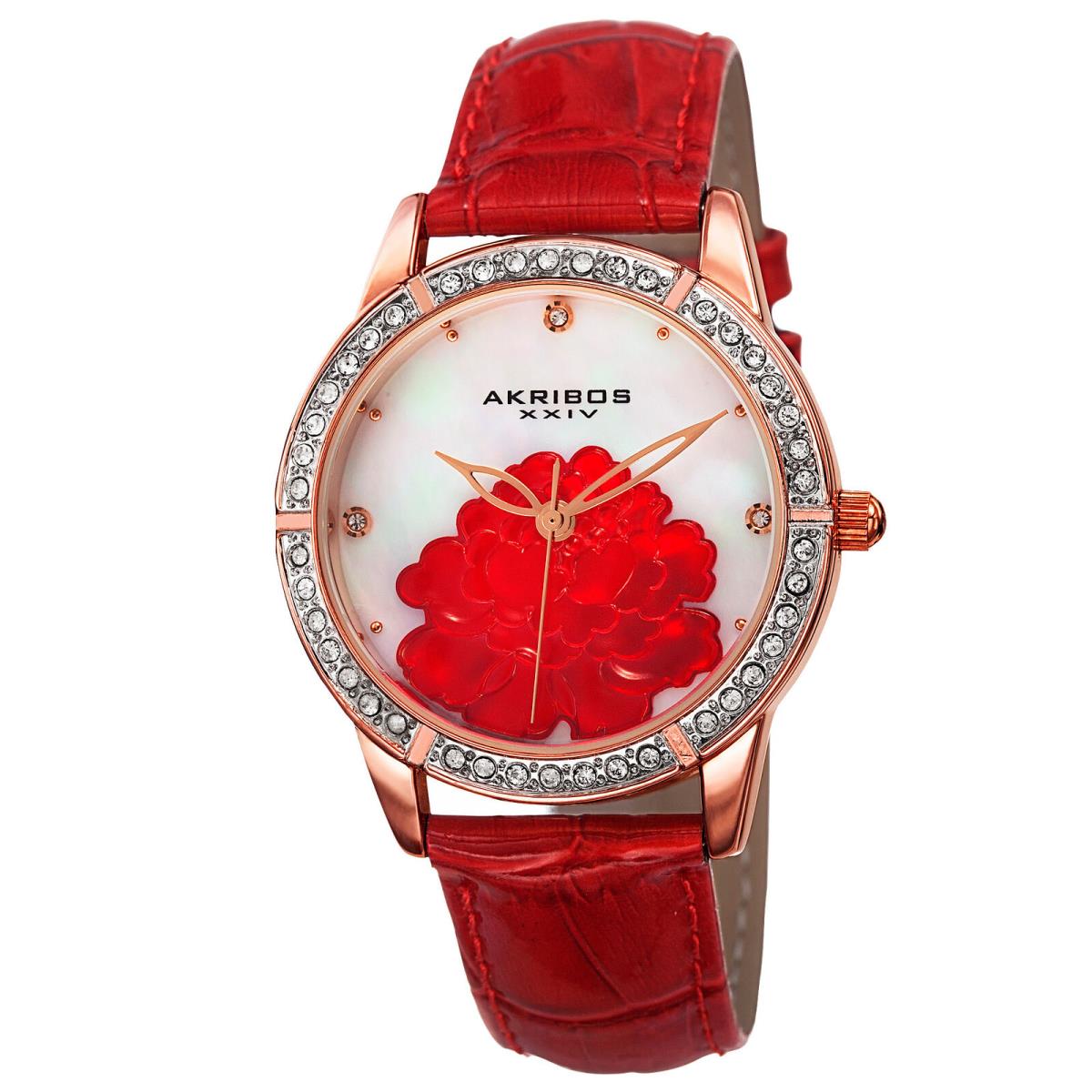 Women`s Akribos Xxiv AK805RD Carnation Pattern Mop Dial Red Leather Watch