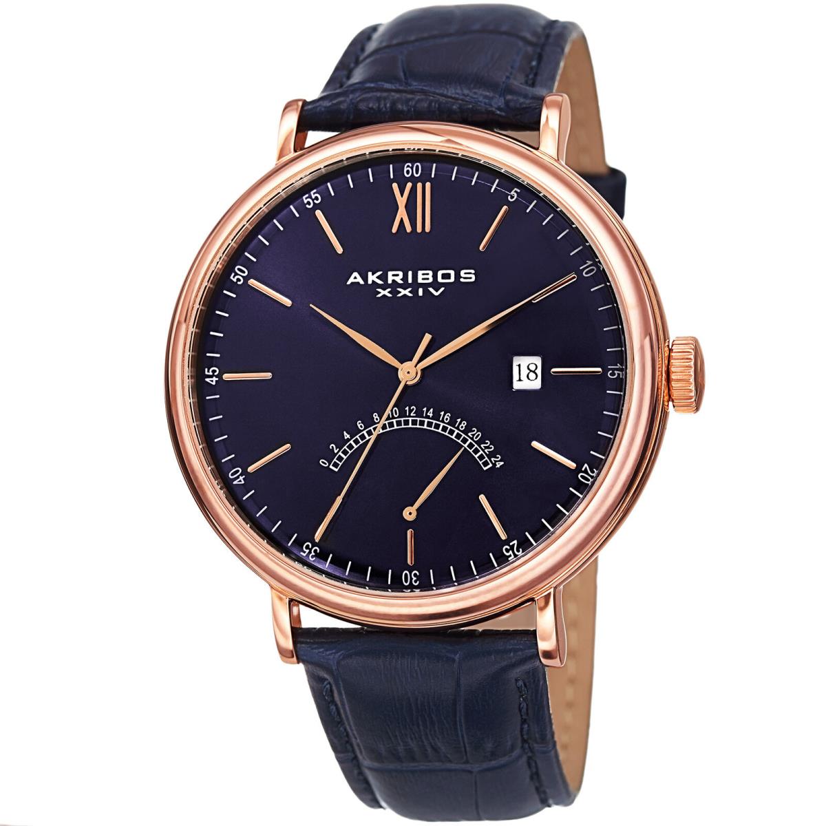 Men`s Akribos Xxiv AK845RGBU Rose-tone Retrograde Blue Leather Strap Watch