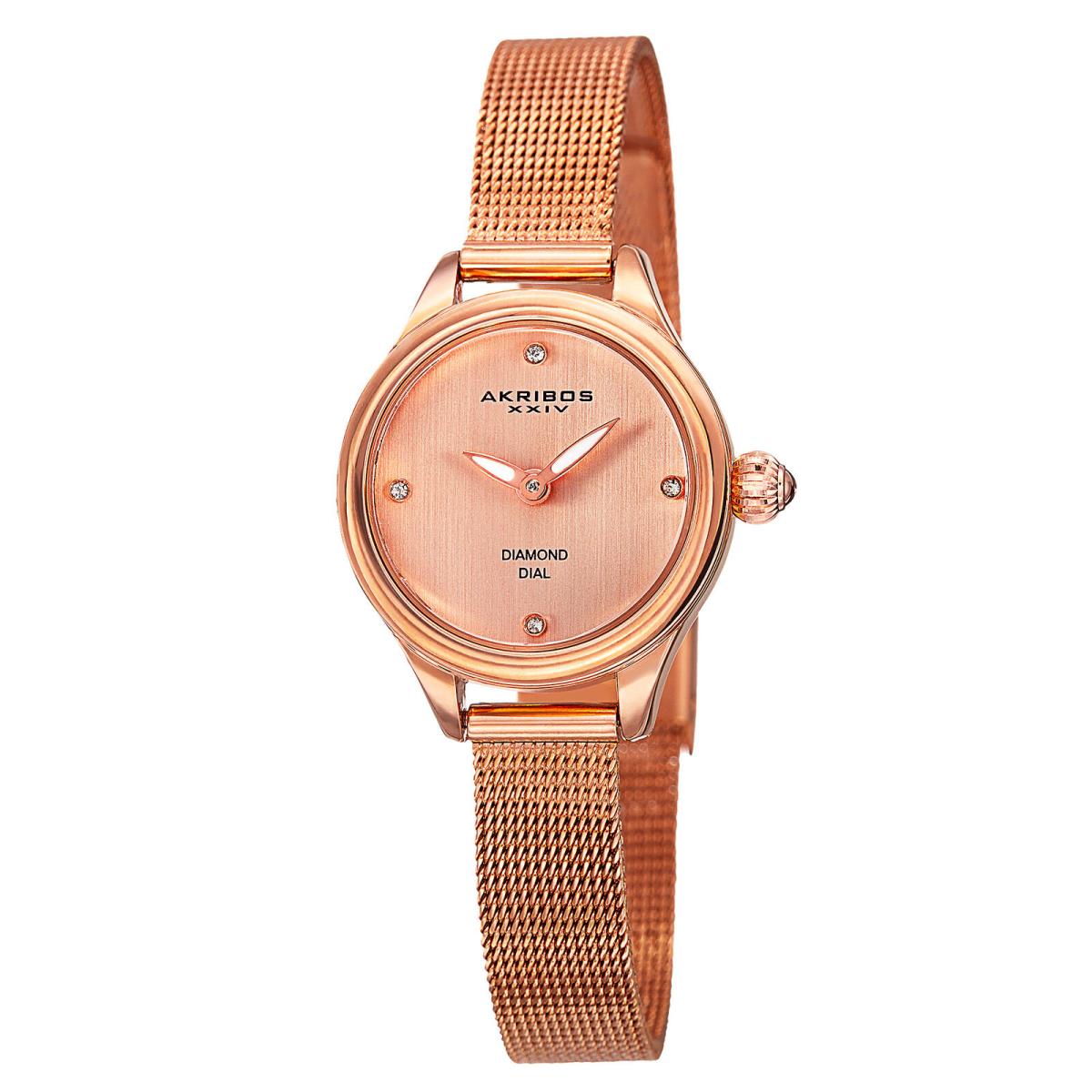 Women`s Akribos Xxiv AK873RG Diamond Indexes Rose-tone Mesh Bracelet Watch