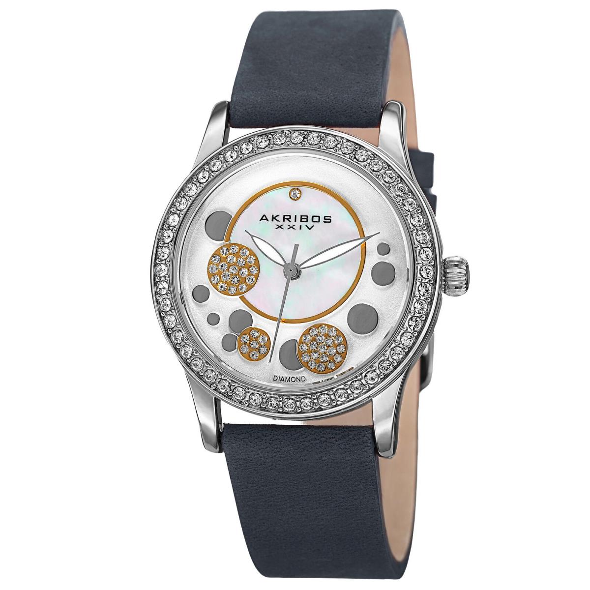 Women`s Akribos Xxiv AK843BU Crystal Bezel Diamond Dial Quartz Suede Strap Watch