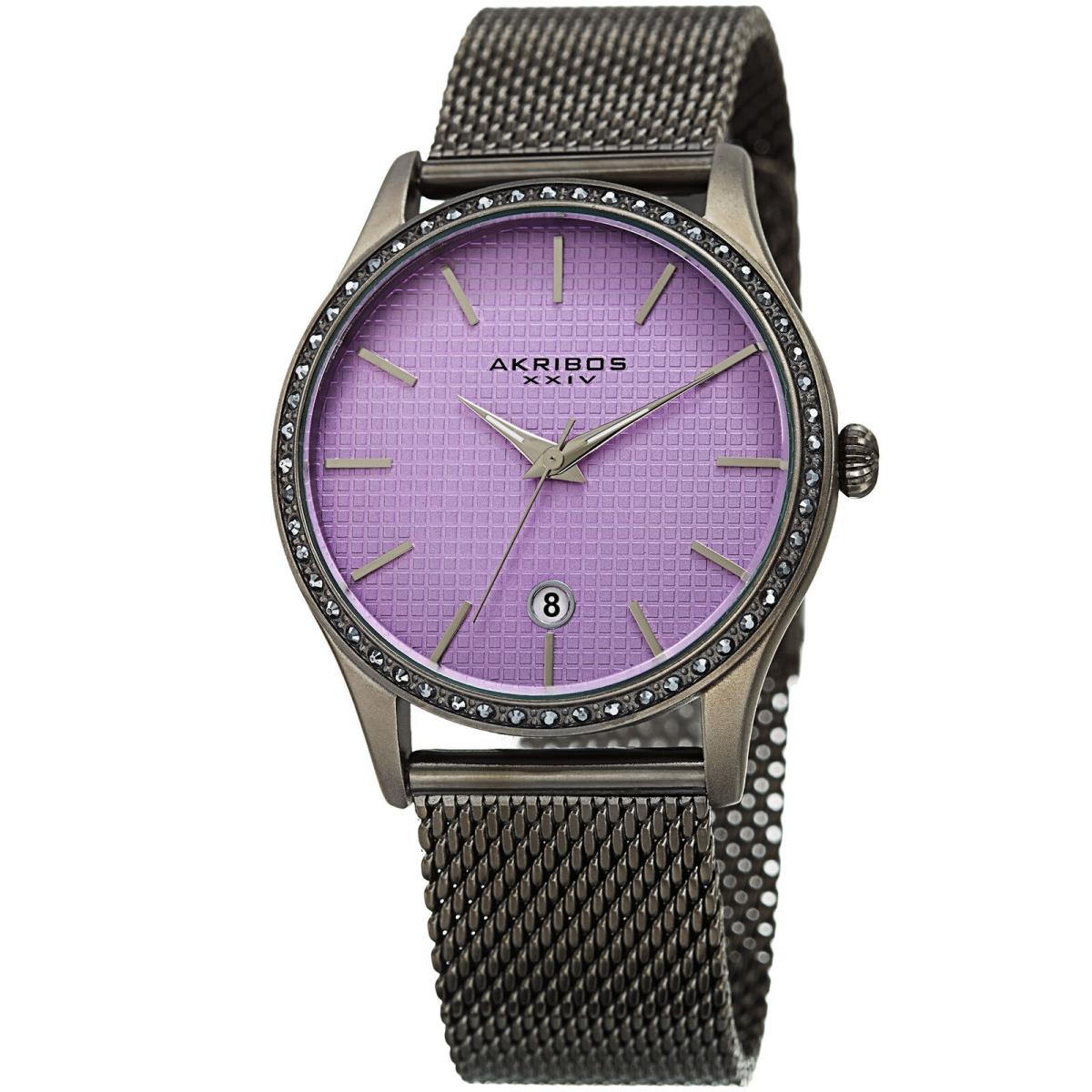 Women`s Akribos Xxiv AK967GNPU Nulled Crystal Bezel Textured Dial Mesh Watch