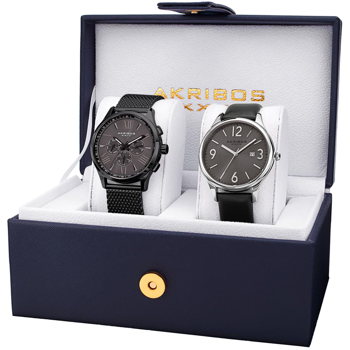 Akribos Xxiv Men s Quartz Multifunction Date Black Bracelet Strap Watch Set