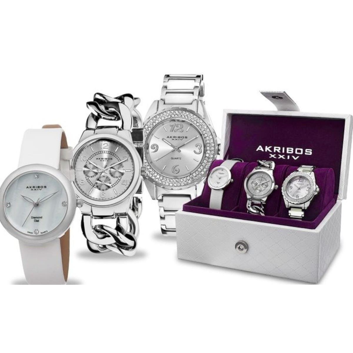 Akribos AK819SS Womens 3-Piece Silver Gift Diamond Watches AK514 AK687 AK531