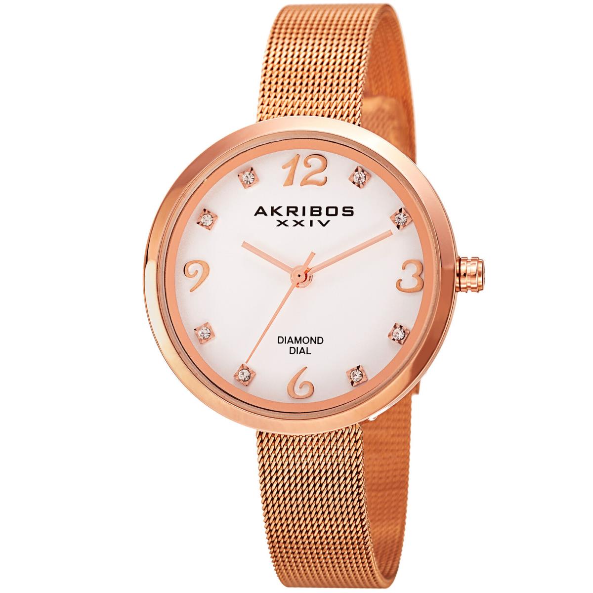 Women`s Akribos Xxiv AK875RG Rose-tone Diamond Markers Mesh Bracelet Watch