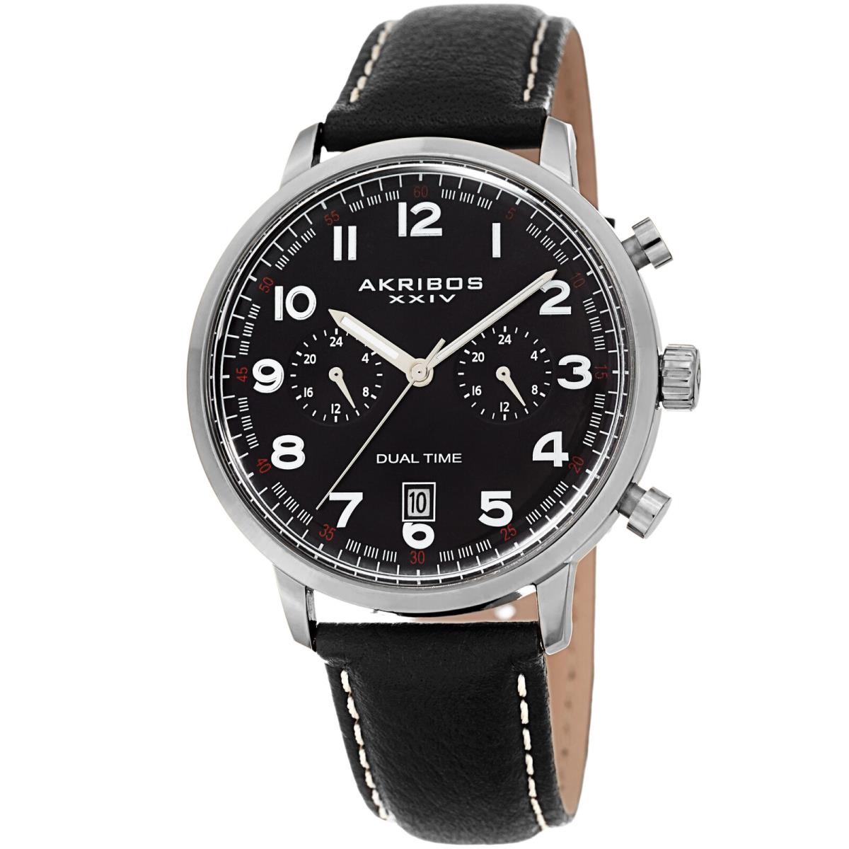 Model Men`s Akribos Xxiv AK1023BK Chronograph Black Leather Strap Watch