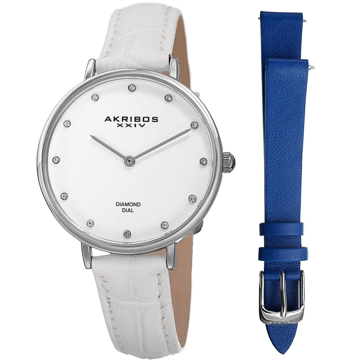 Women`s Akribos Xxiv AK933SS-BX 12 Diamond Marker Leather Strap Watch