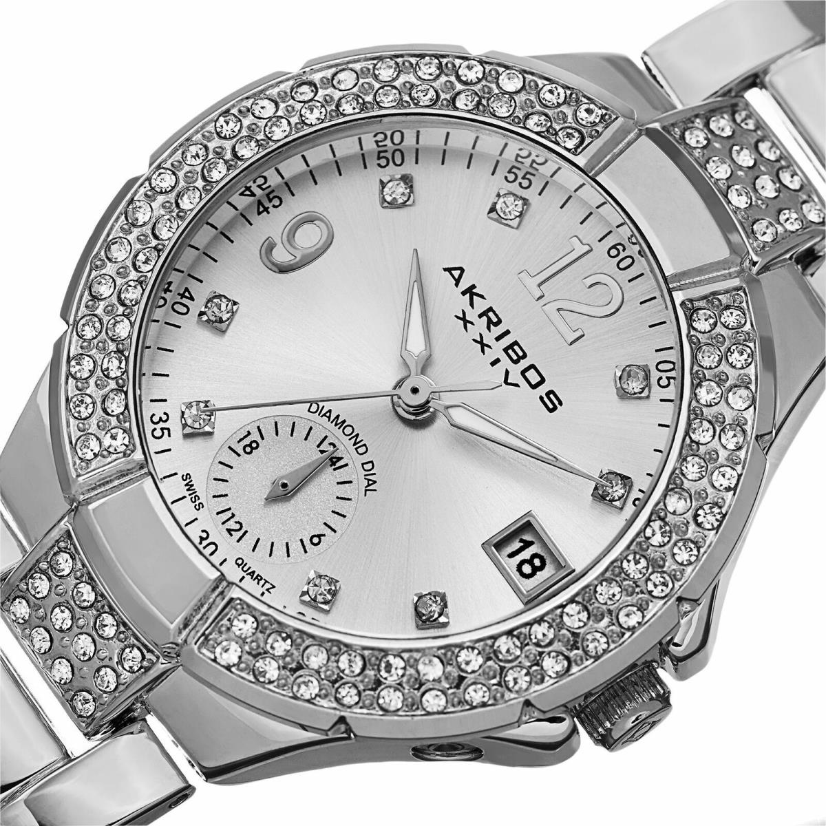 Women`s Akribos Xxiv AK775SS Diamond Markers Crystal Bezel Silver-tone Watch