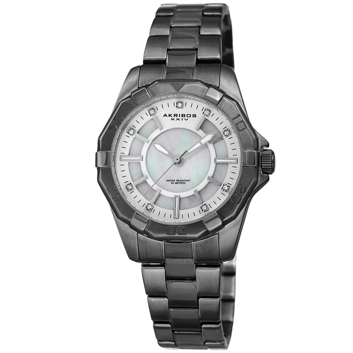 Spring Release Women`s Akribos Xxiv Ak1006GN Gun Gray CZ Stainless Steel Watch