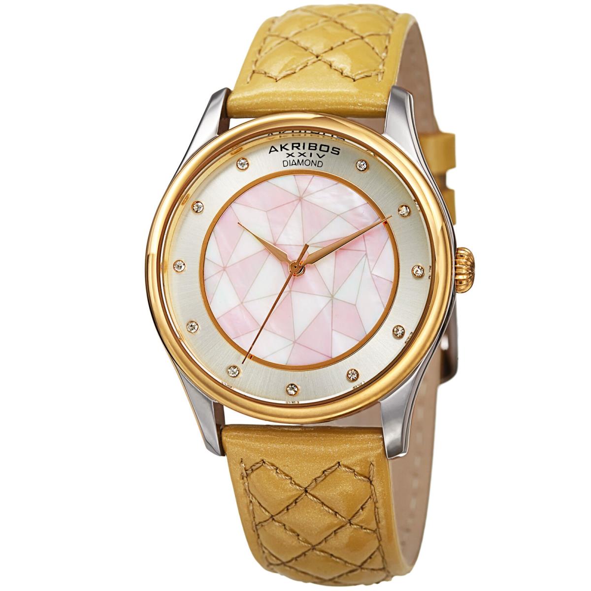 Women`s Akribos Xxiv AK925GLD Diamond and Mother of Pearl Leather Quilted Watch