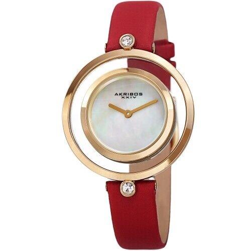 Akribos Xxiv AK1060RD Swarovski Gold Tone Red Satin Leather Womens Watch