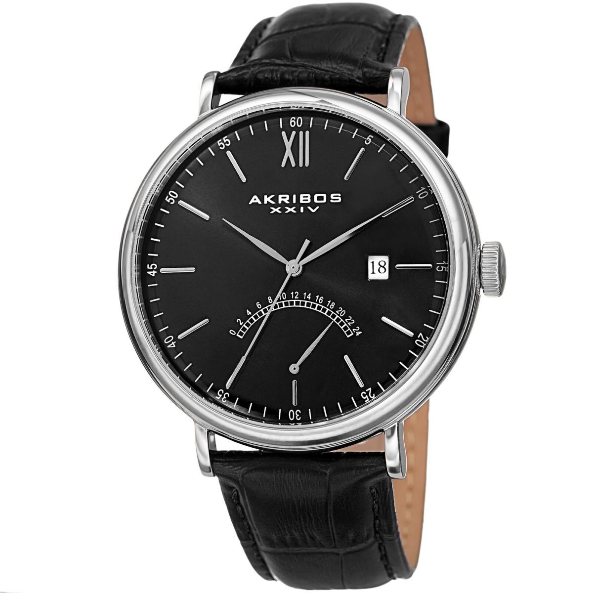 Men`s Akribos Xxiv AK845SSB Silver-tone Retrograde Black Leather Strap Watch