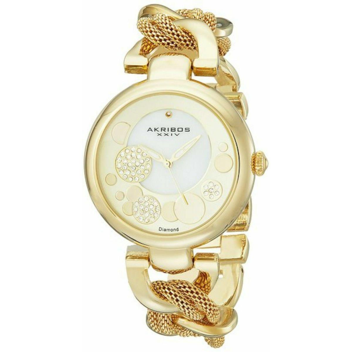 Akribos Xxiv AK643YG Women`s Lady Diamond Gold Mesh Chain Link Watch