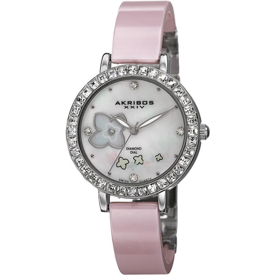 Akribos AK762SSPK Swiss Quartz Diamonds Flower Design Pink Ceramic Womens Watch