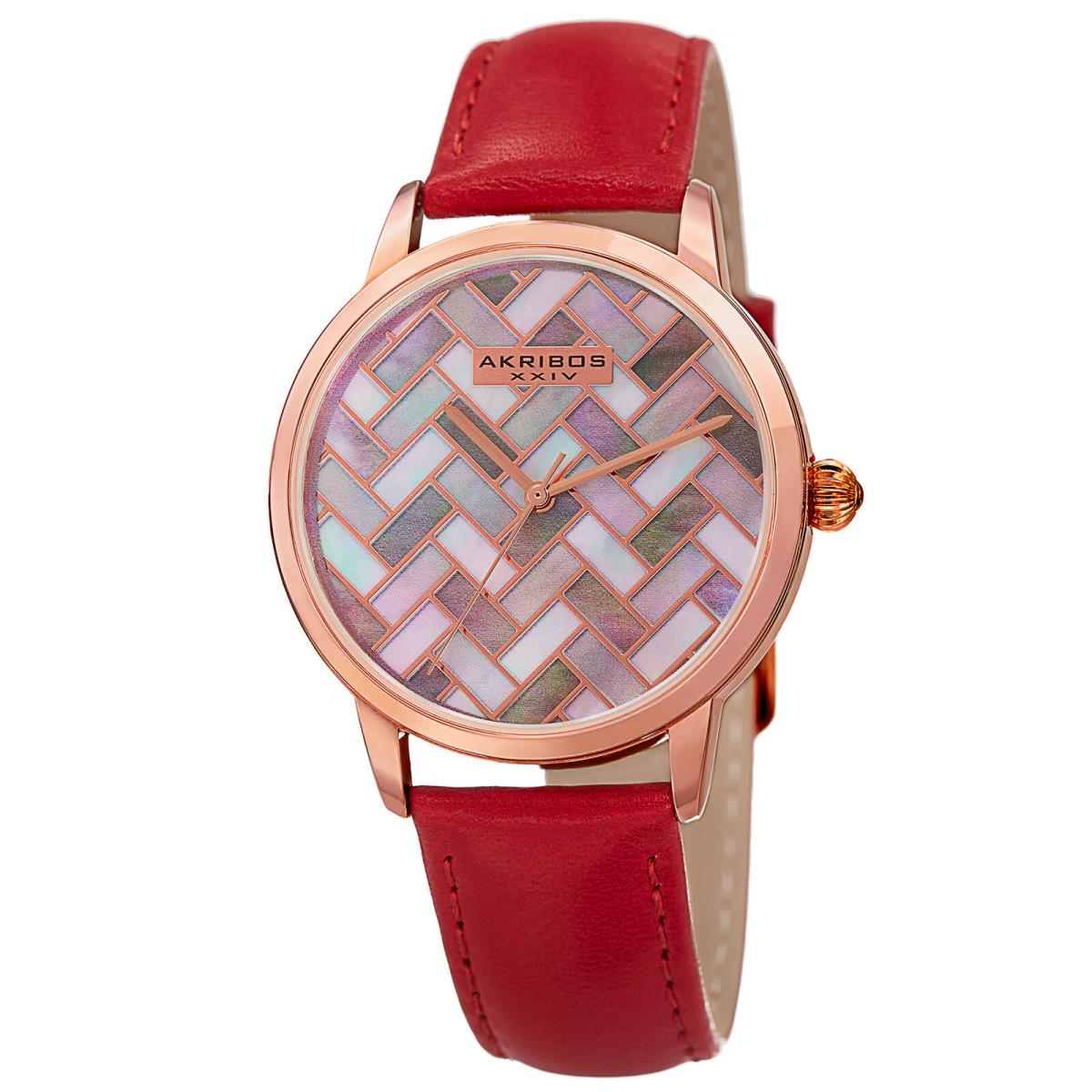 Women`s Akribos Xxiv AK906RD Multi Nulled Mosaic Dial Leather Watch