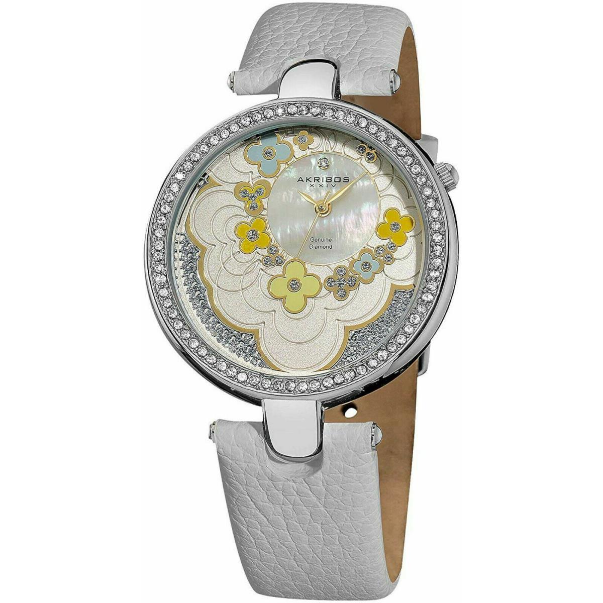 Akribos Xxiv AK601WT Lady`s Diamond Flower Dial White Strap Silver Watch 30m