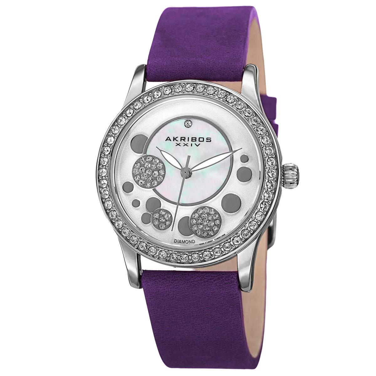 Women`s Akribos Xxiv AK843PU Crystal Bezel Diamond Dial Quartz Suede Strap Watch