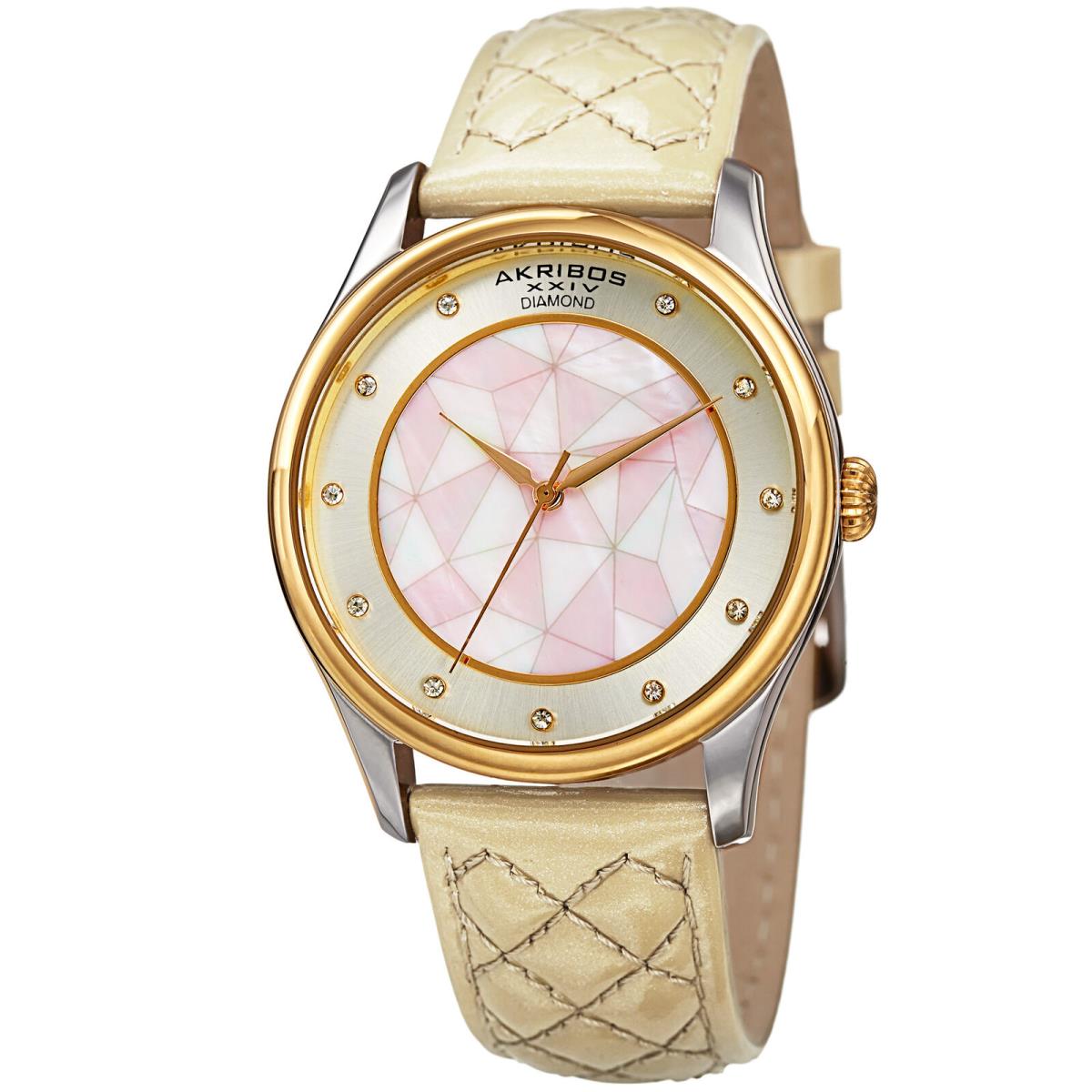 Women`s Akribos Xxiv AK925WTG Diamond and Mother of Pearl Leather Quilted Watch