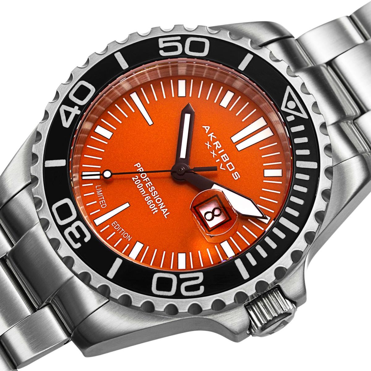 Men`s Akribos Xxiv AK735OR Limited Edition Orange Dial Diver Date Bracelet Watch