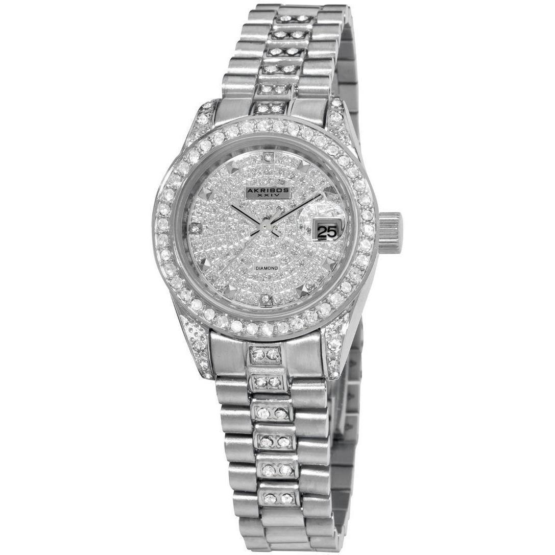 Akribos Xxiv AK487SS Date Crystal Diamond Accents Stainless Steel Womens Watch