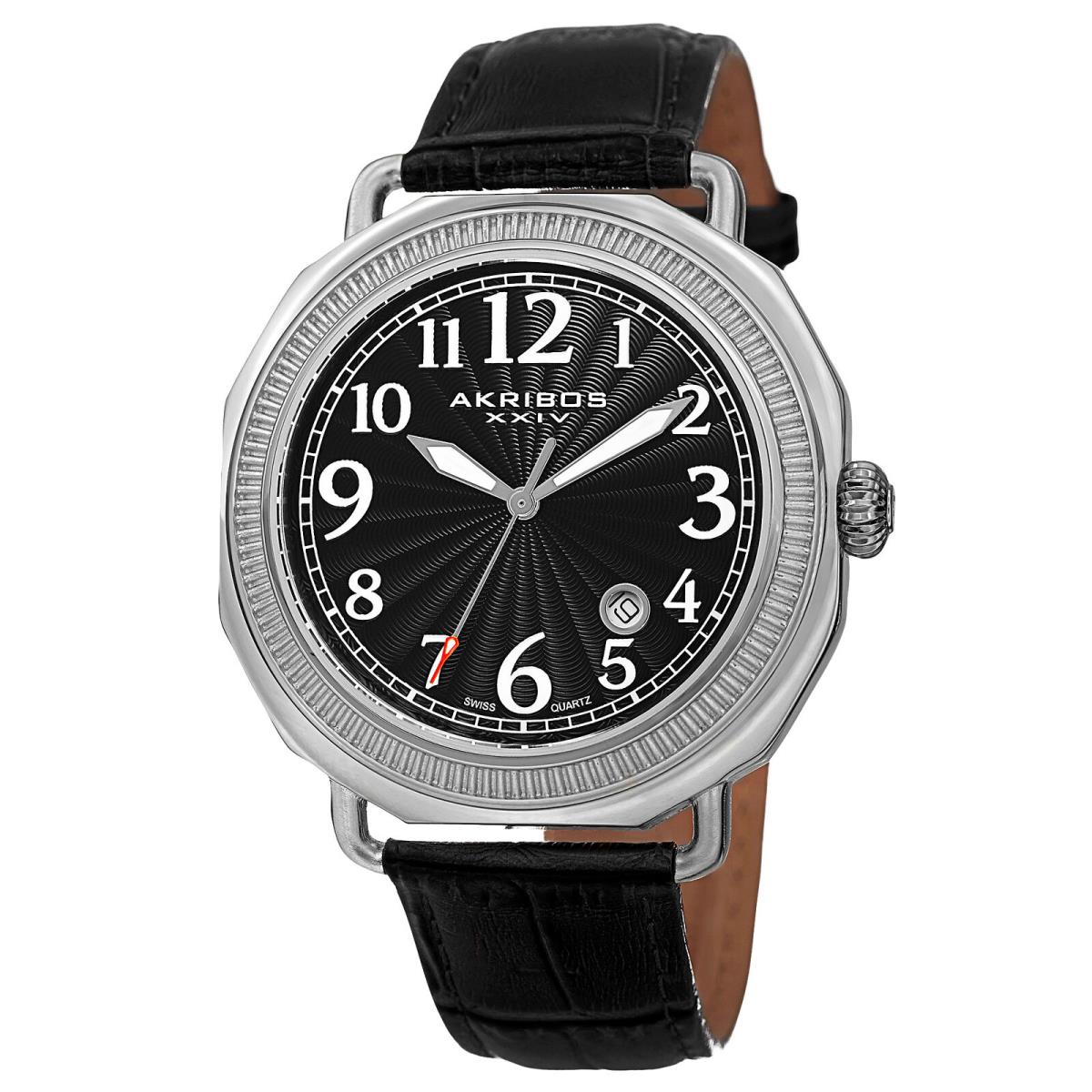 Men`s Akribos Xxiv AK770SSB Swiss Quartz Date Black Leather Strap Watch