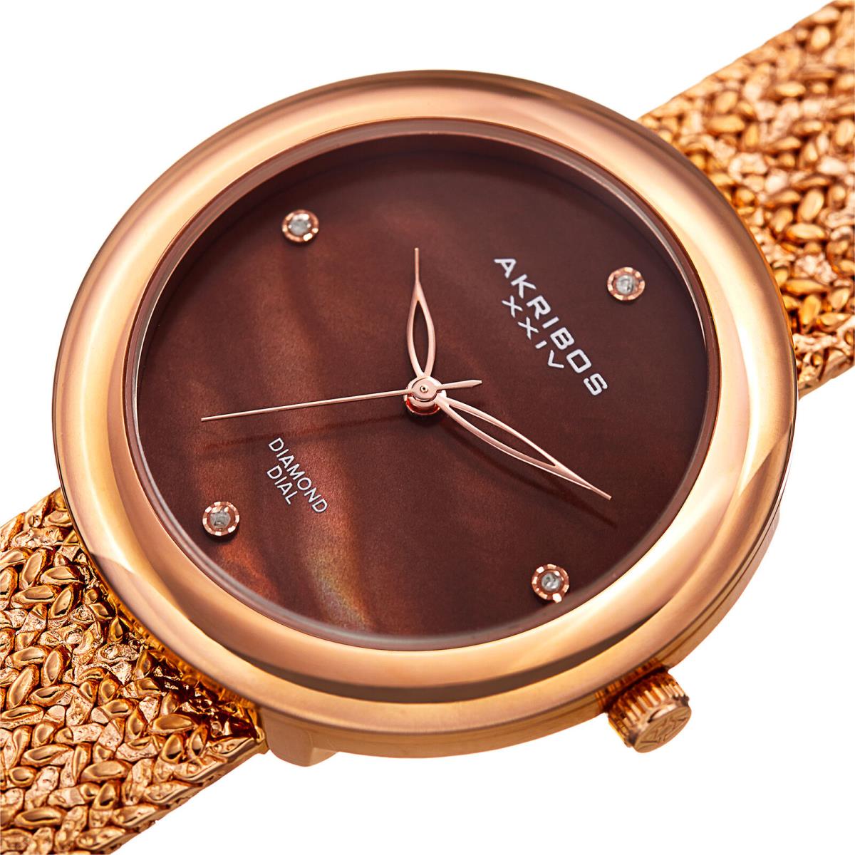 Women`s Akribos Xxiv AK903RGBR Diamond Hour Marker Rose Gold Steel Mesh Watch