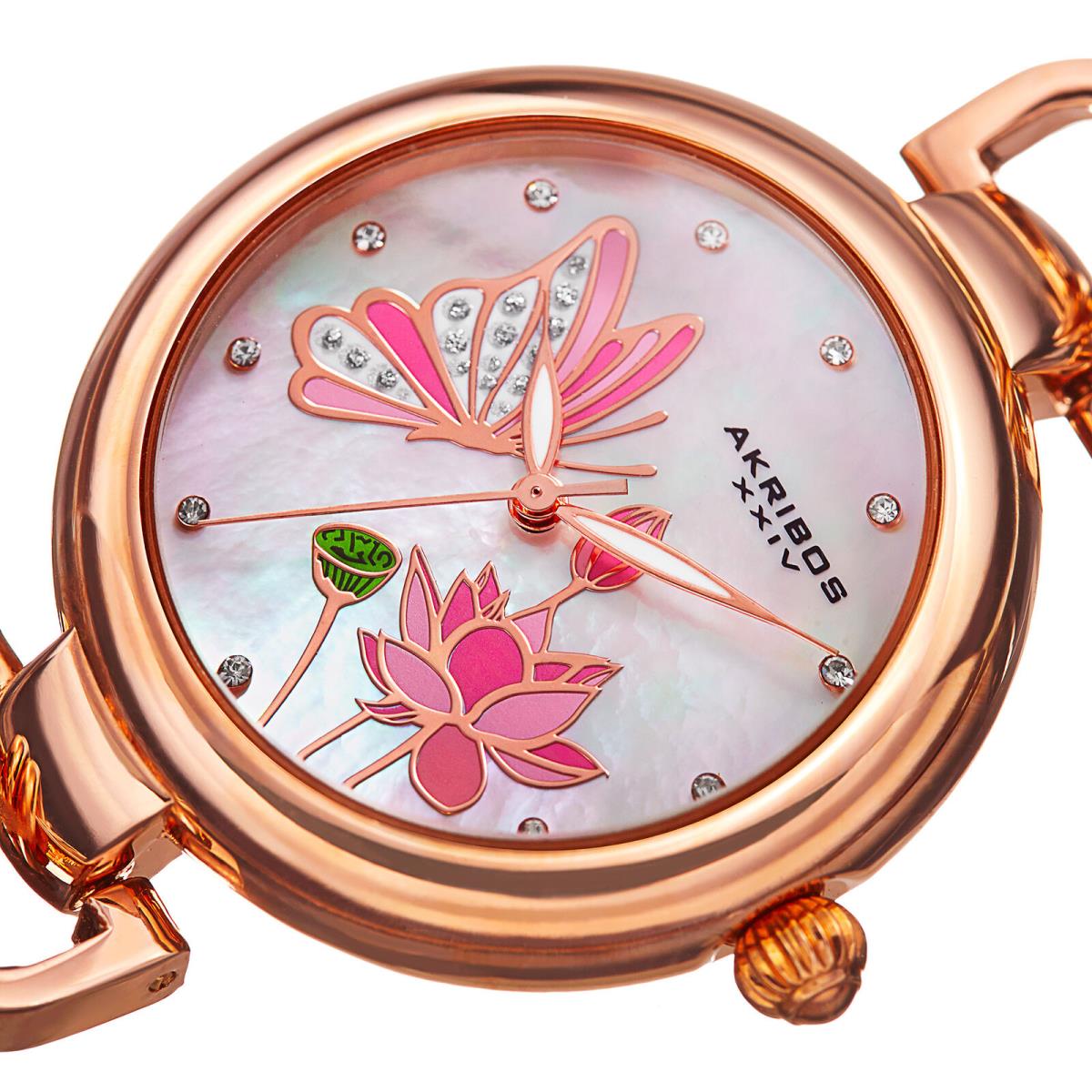 Women`s Akribos Xxiv AK934RG Mother of Pearl Butterfly Dial Design Link Watch