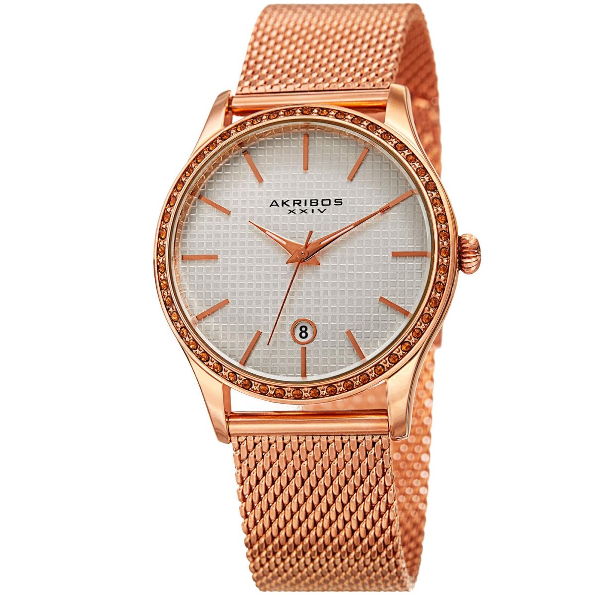 Women`s Akribos Xxiv AK967RG Nulled Crystal Bezel Textured Dial Mesh Watch