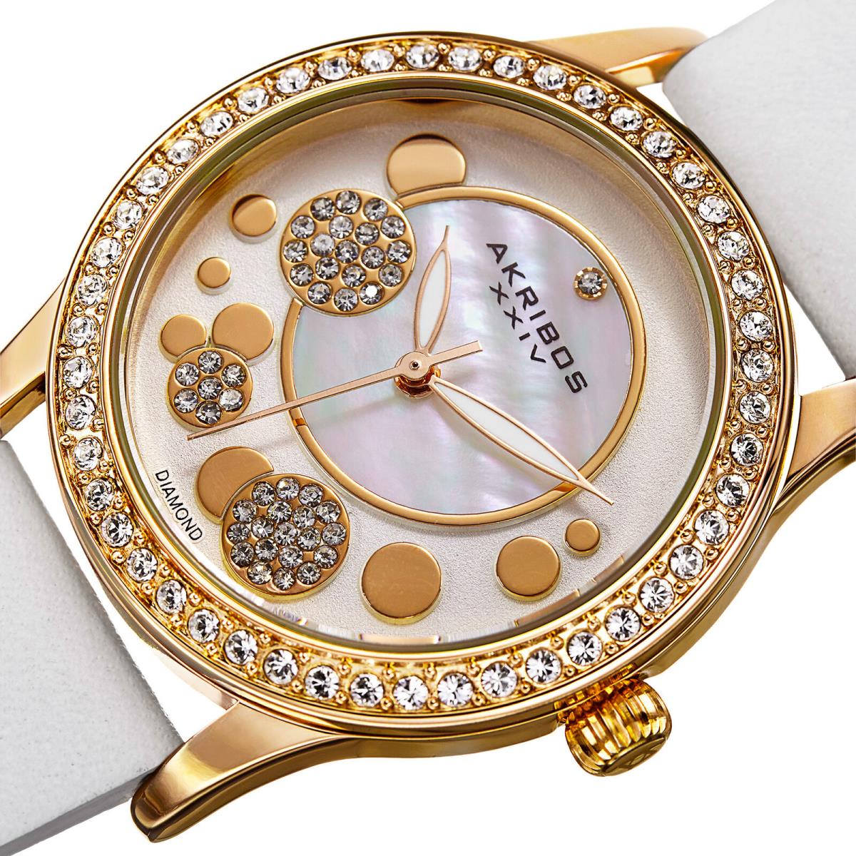 Women`s Akribos Xxiv AK843WTG Crystal Bezel Diamond Dial Quartz Suede Watch