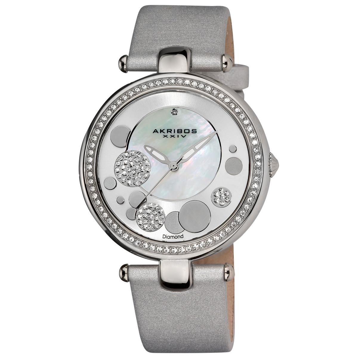 Women`s Akribos Xxiv AK434SL Mop Diamond Dial Silver Leather Strap Watch