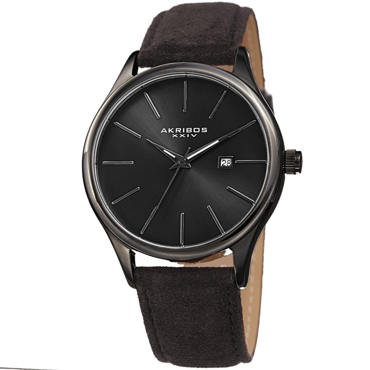 Akribos Xxiv Men`s AK1019BK Sunray Dial Black Seude Leather Watch in Gift Box