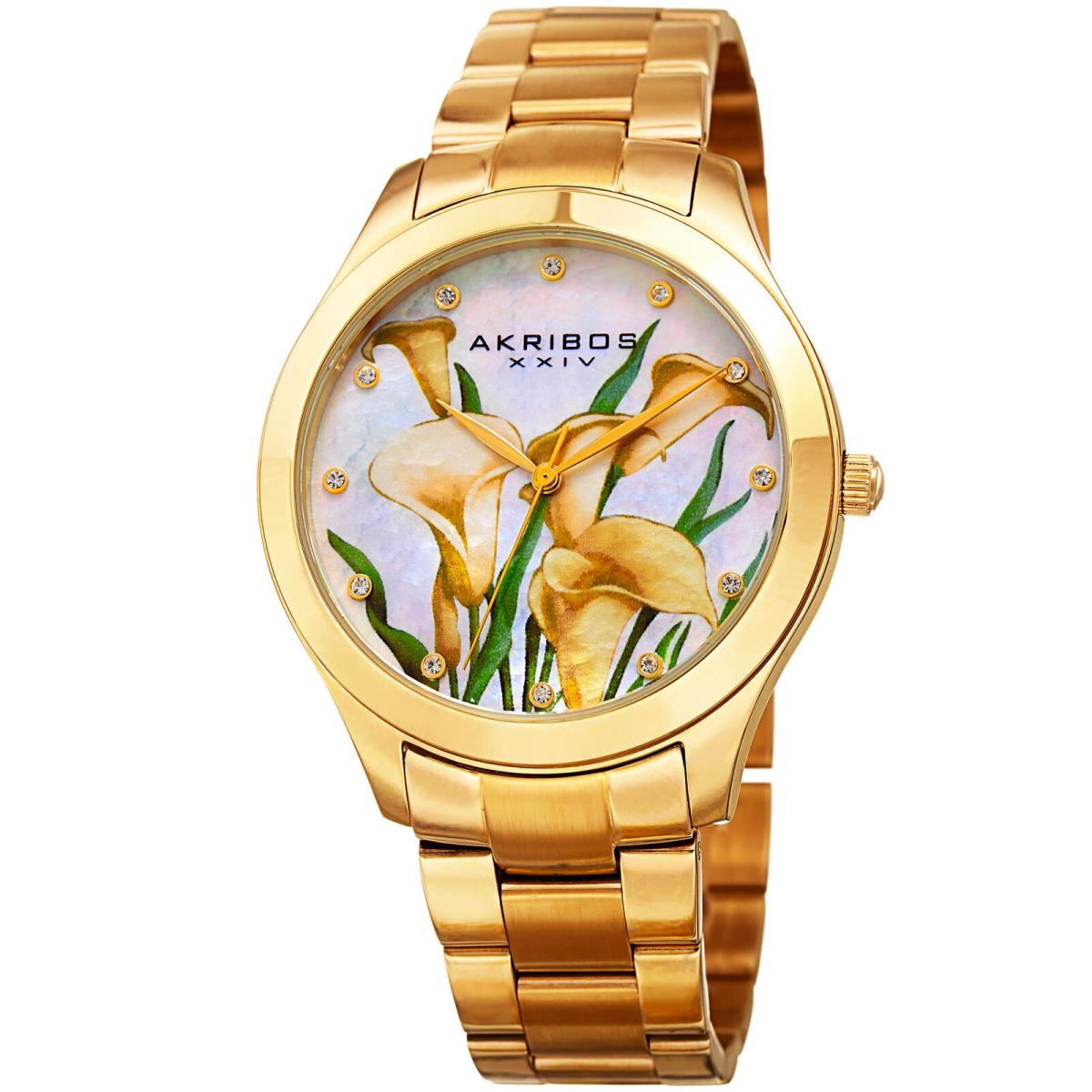 Women`s Akribos Xxiv AK953FYG White Mother of Pearl Calla Lilies Dial Watch