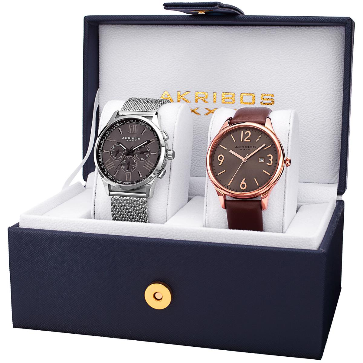 Akribos Xxiv Men s AK971GN-S Leather/stainless Steel Mesh Watch Set