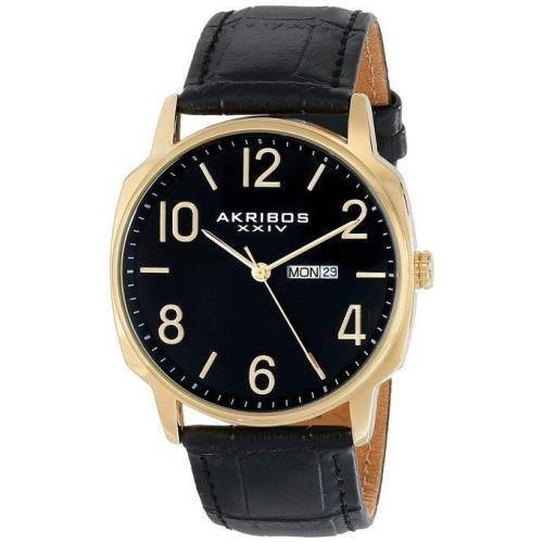 Akribos Xxiv AK801YG Day Date Goldtone Case Leather Strap Black Mens Watch