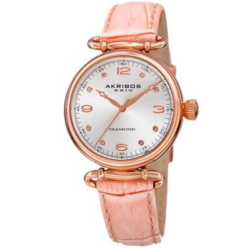 Akribos Xxiv AK878NU Diamond Markers Quartz Pink Leather Strap Women`s Watch