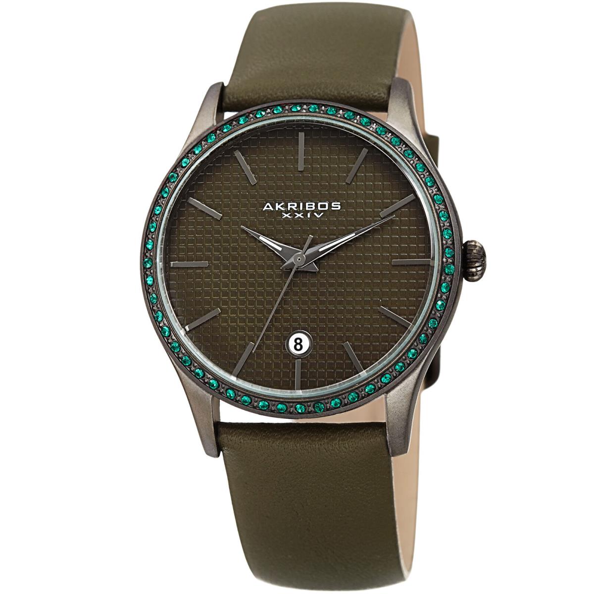 Women`s Akribos Xxiv AK964GN Gunmetal Round Case Olive Green Leather Strap Watch