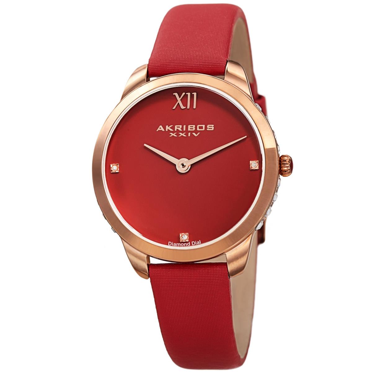 Women`s Akribos Xxiv AK1059RD Swarovski Crystal Diamond Red Leatherstrap Watch