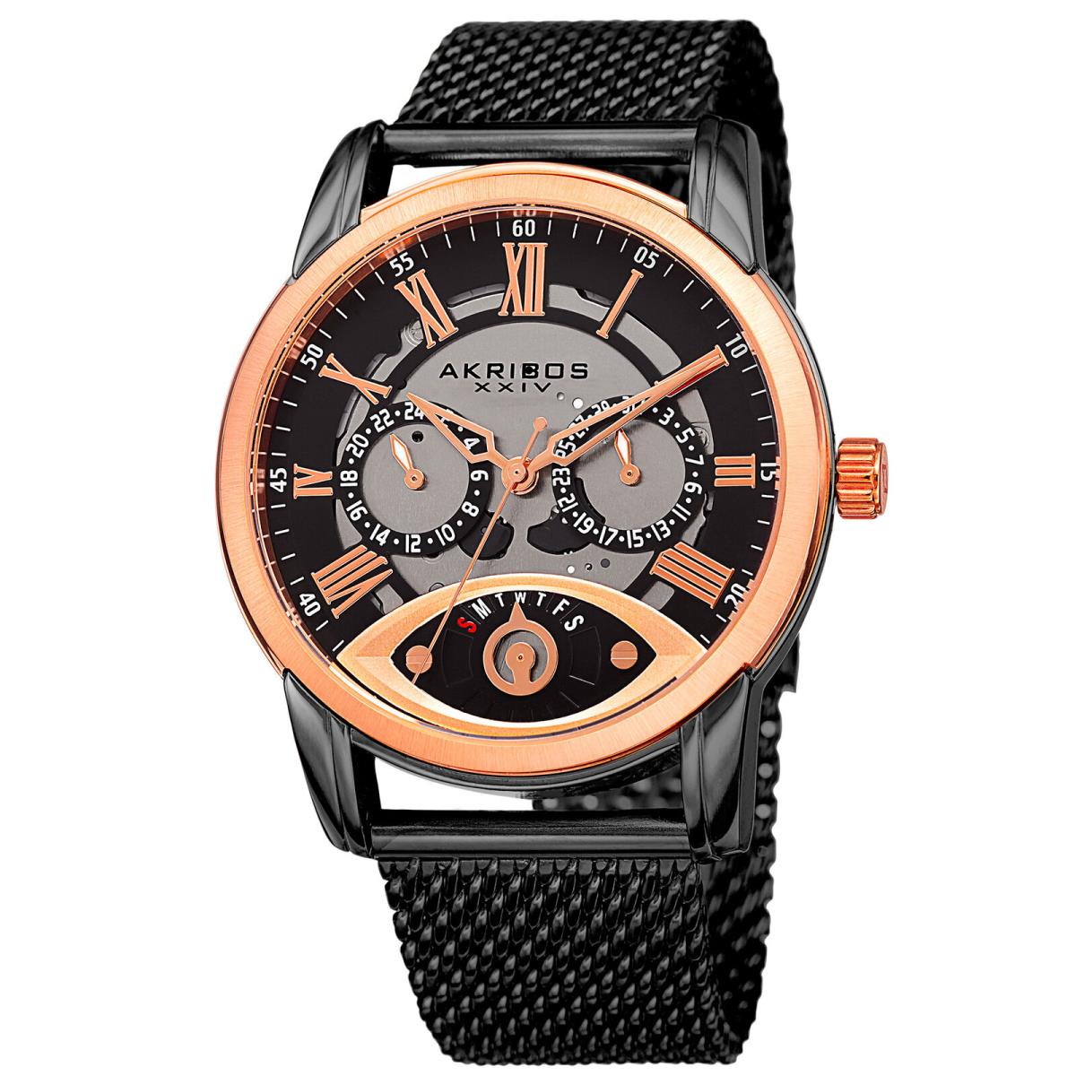 Men`s Akribos Xxiv AK846BKR Rose-tone Black Retrograde Mesh Bracelet Watch