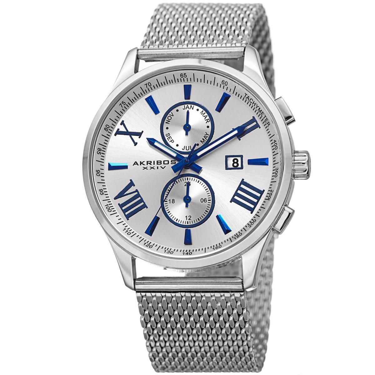 Men`s Akribos Xxiv AK905SS Multi-function Silver Dial Stainless Steel Mesh Watch