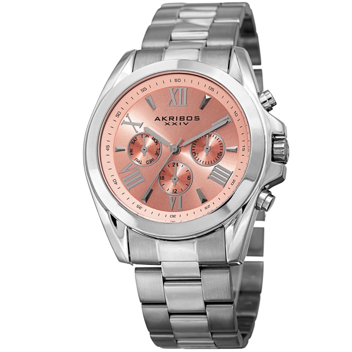 Akribos Xxiv Women`s AK951SSPK Multifunction Silver Tone Stainless Steel Watch