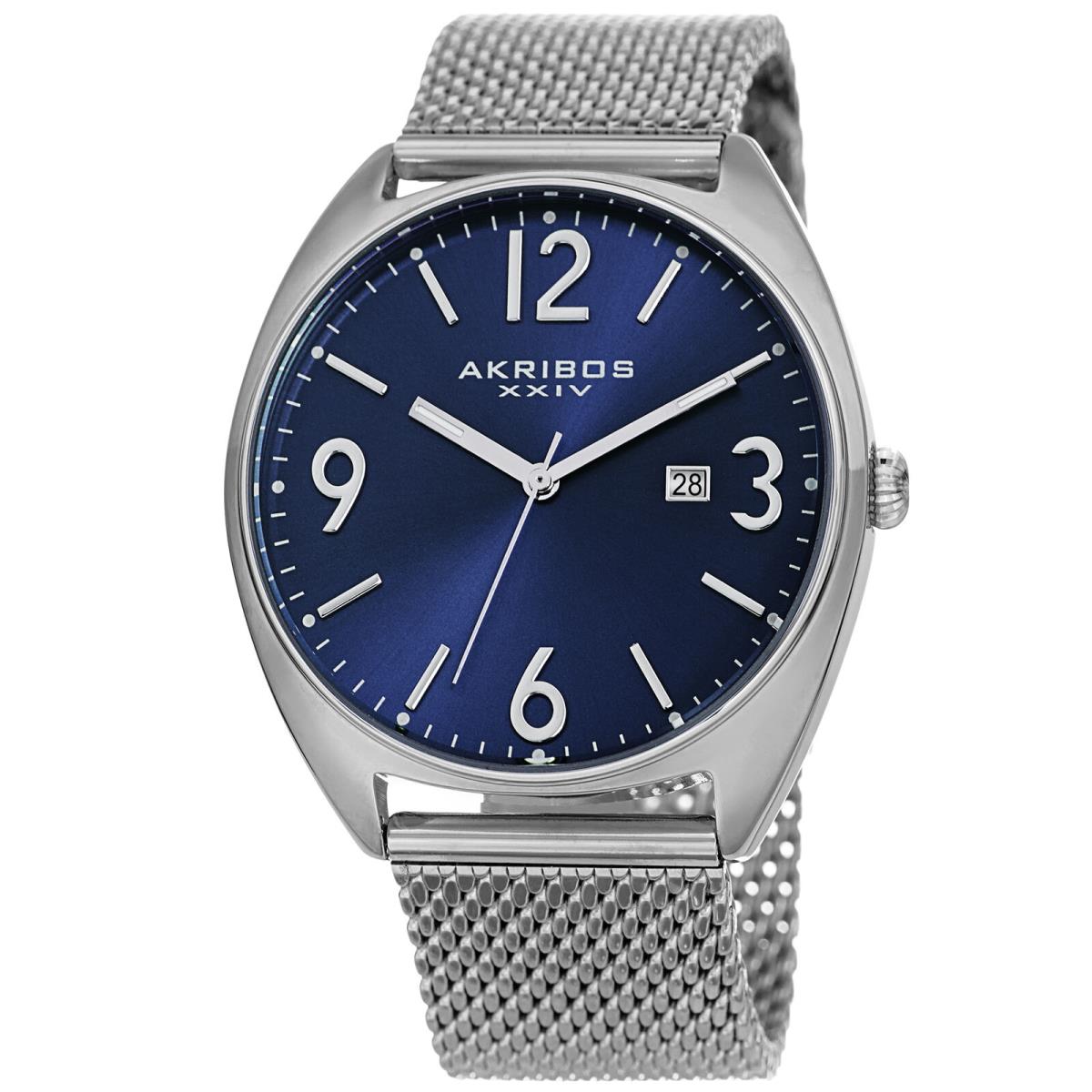 Men`s Akribos Xxiv AK1026BU Quartz Date Blue Dial Silver Mesh Bracelet Watch