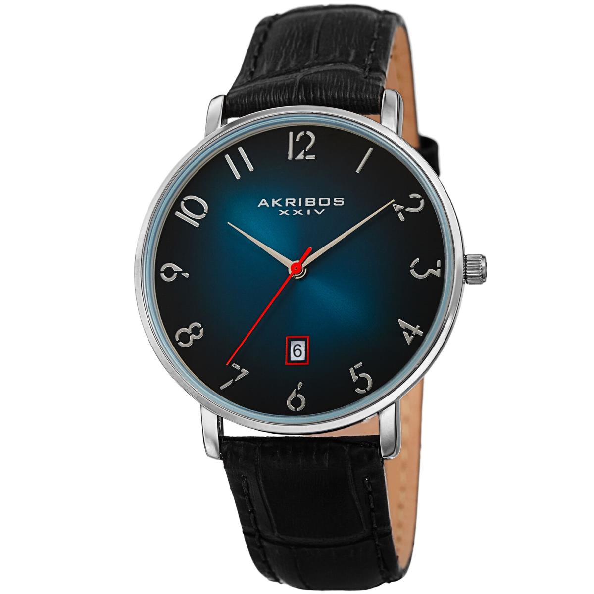 Akribos Xxiv Men`s AK1077TTQ Quartz Classic Date Blue Crocodile Style Black Leather Watch