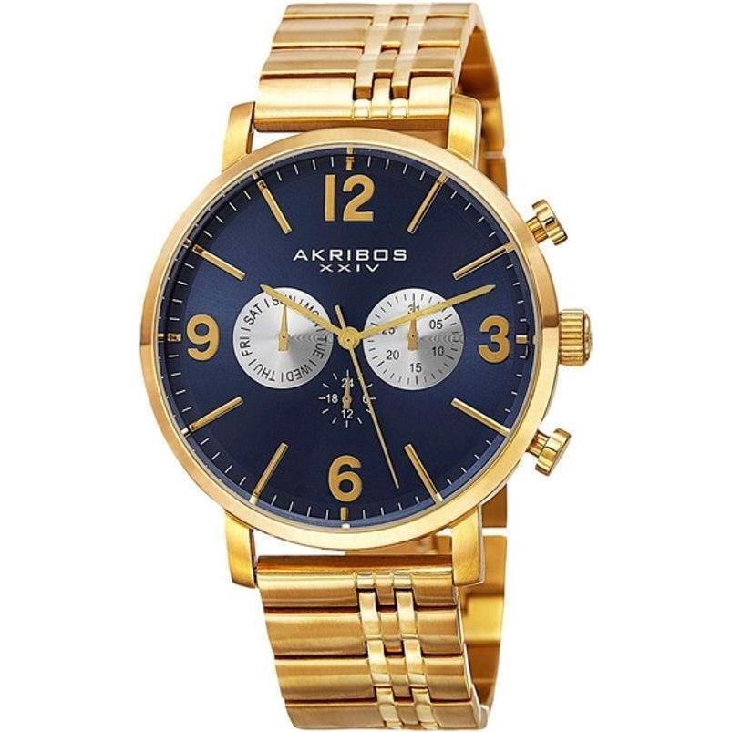 Akribos Xxiv AK782YGBU Swiss Quartz Day Date Gmt Blue Dial Goldtone Mens Watch