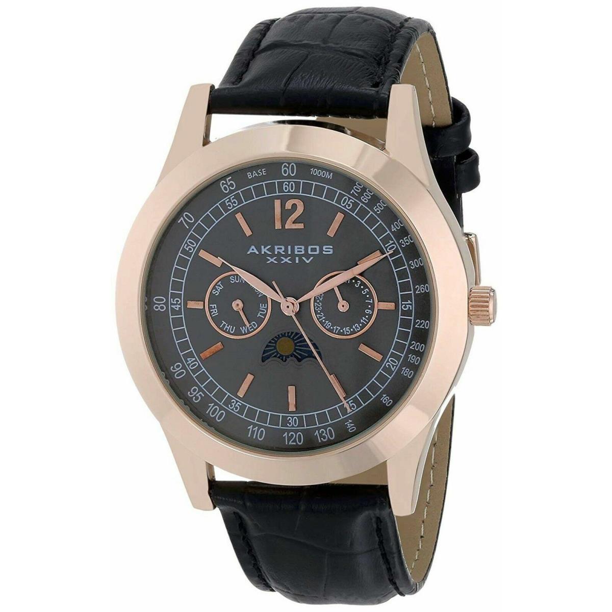 Akribos Xxiv AK666XRG Mens Retro Multifunction Black Leather Rose Gold Watch