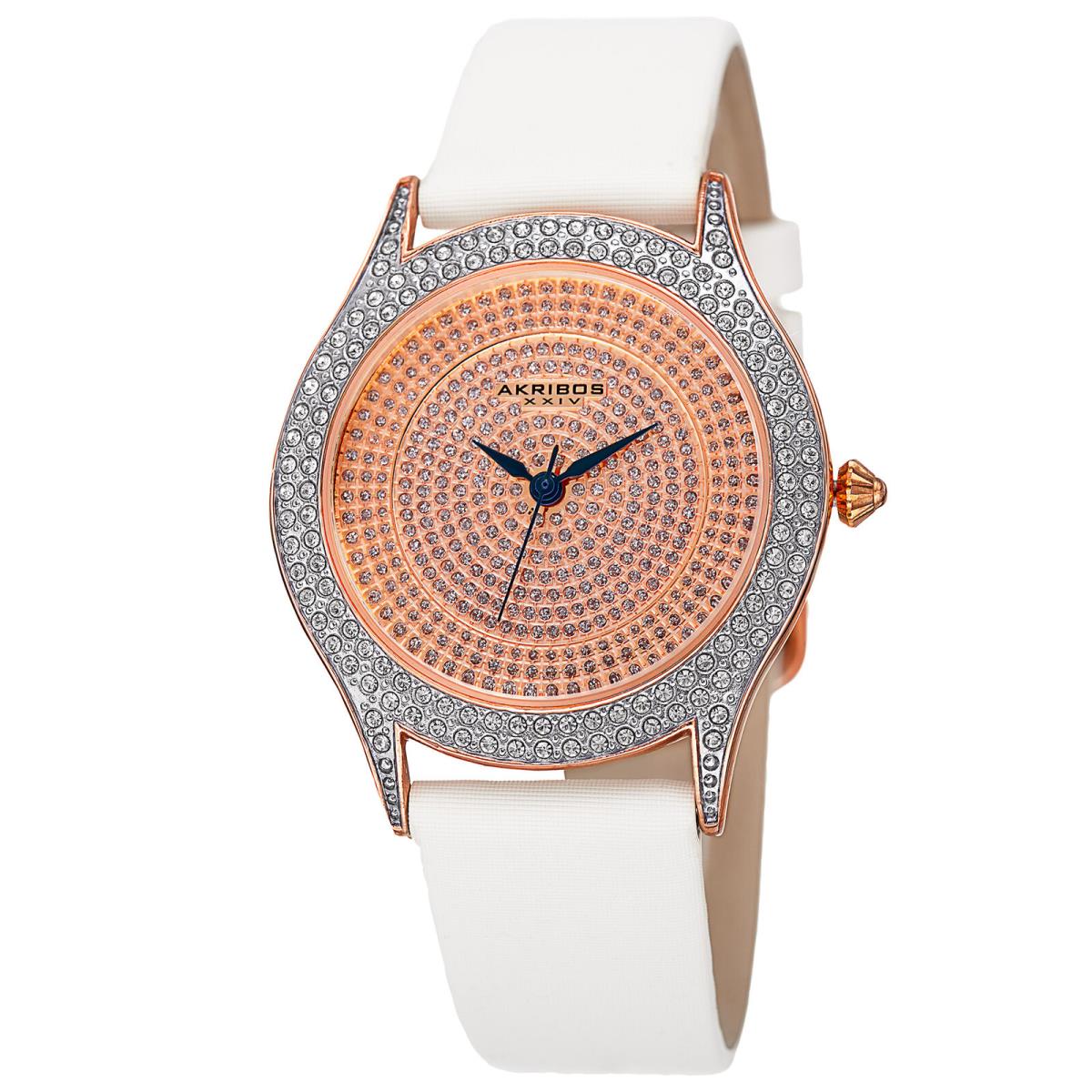 Women`s Akribos Xxiv AK896WTR Rose-tone Crystal Pave White Satin Strap Watch