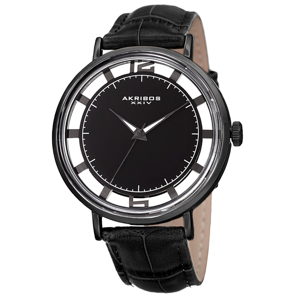 Men`s Akribos Xxiv AK860BK Black Transparent Dial Black Leather Watch