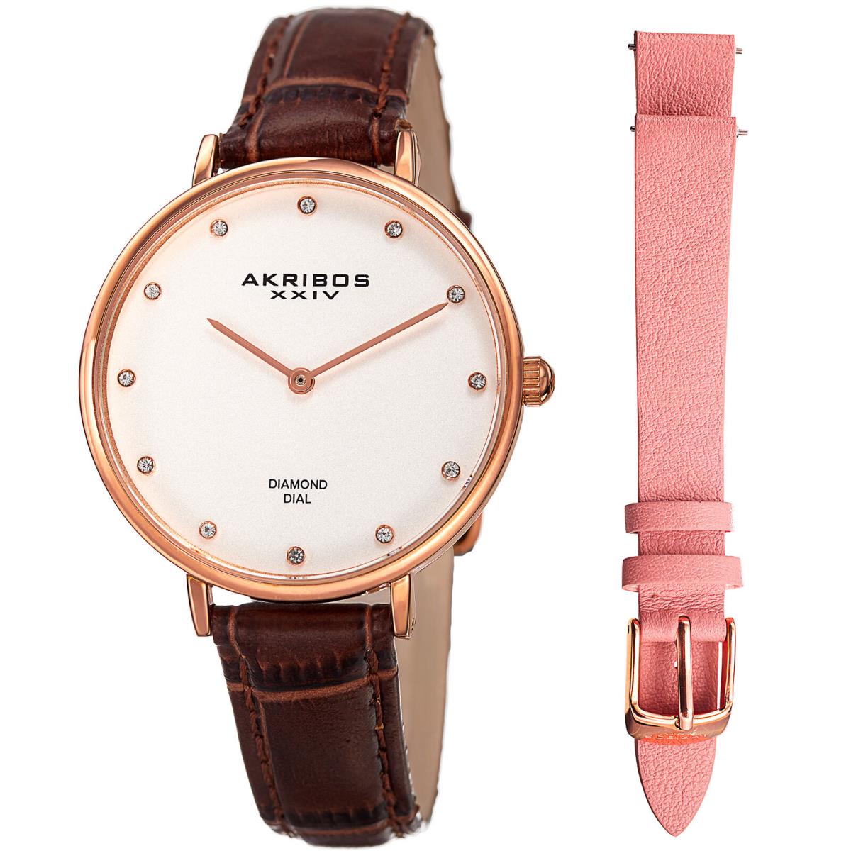 Women`s Akribos Xxiv AK933RG-BX 12 Diamond Marker Leather Strap Watch