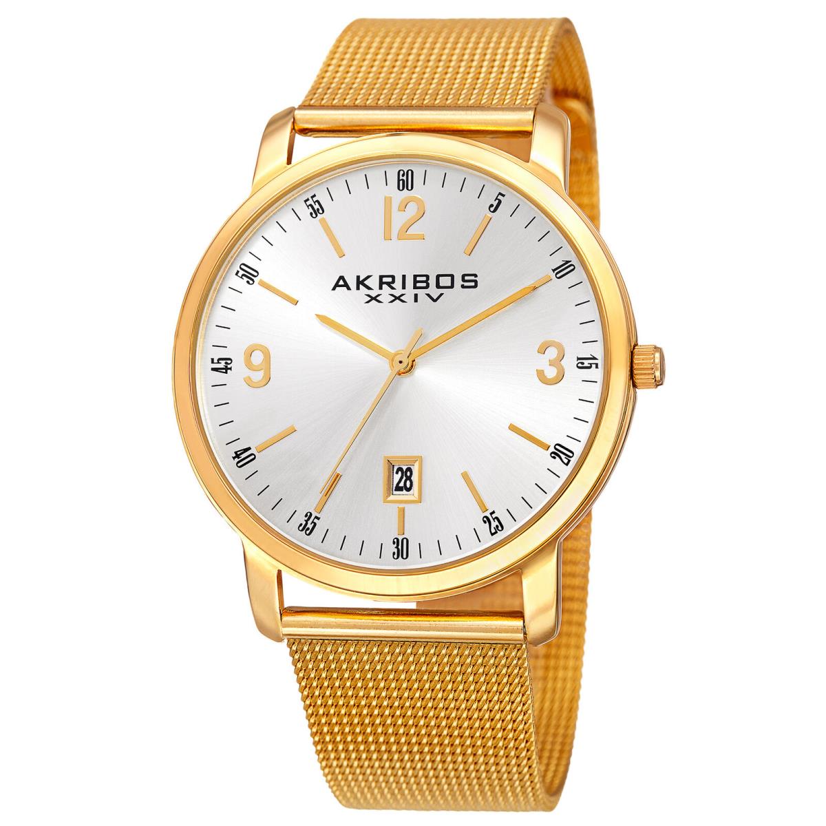 Men`s Akribos Xxiv AK858YG Classic Sunray Date Gold-tone Mesh Bracelet Watch