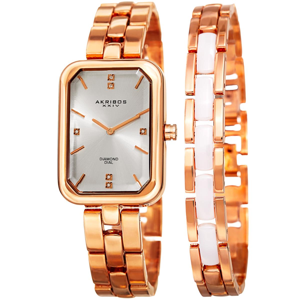 Women`s Akribos Xxiv AK995RG Diamond Dial Extra Matching Bracelet Watch Set