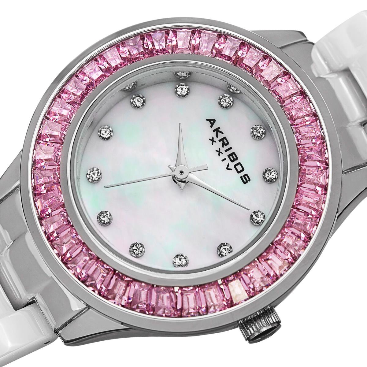 Women`s Akribos Xxiv AK781WTP Quartz Pink Crystal Bezel White Ceramic Watch